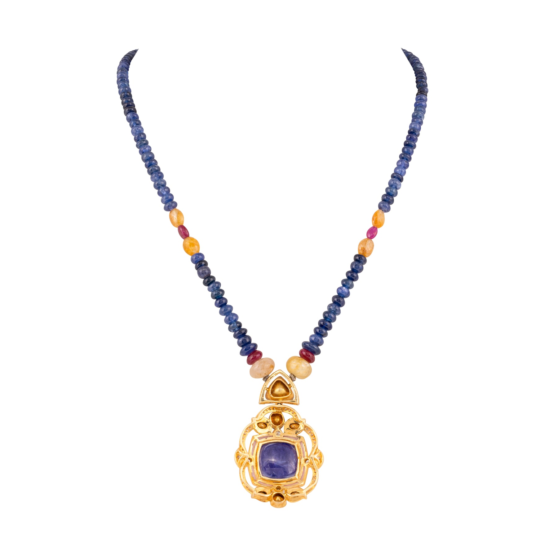 Carved Tanzanite Necklace with Polkis ,Diamonds and Sapphire Beads